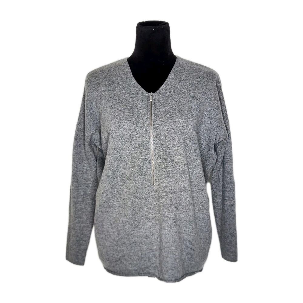 The Kooples Sport Gray Cashmere Merino Knit 1/2 Zip V Neck Sweater Women Size M